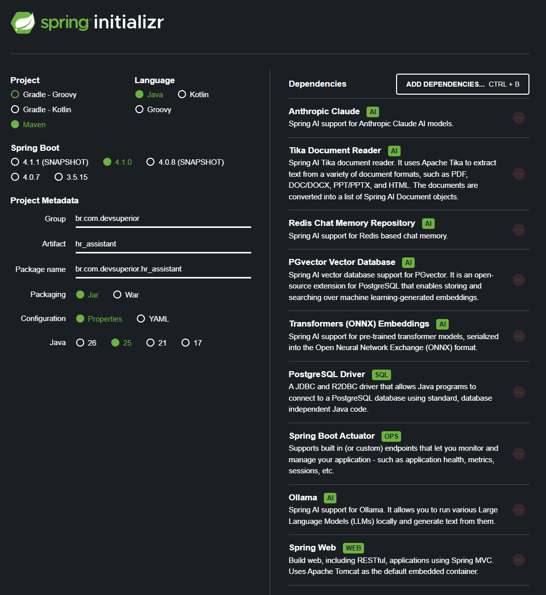 Dependências e metadados a selecionar no Spring Initializr